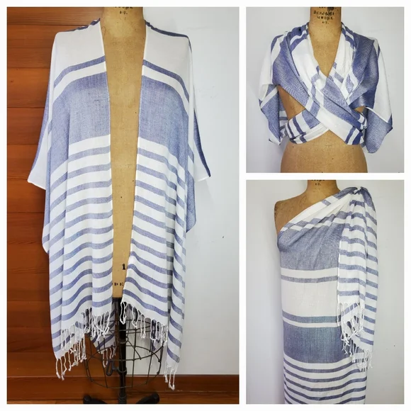 Isaac Mizrahi 72x44 Wrap Shawl Scarf Blue White Swim CoverUp Lightweight Stripe